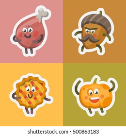 Vector illustration emoticons emoji stickers set on theme of autumn holiday. Autumn emoticons happy thanksgiving day. Different emotions funny pumpkin, delicious ham, sweet pie, brave acorn.