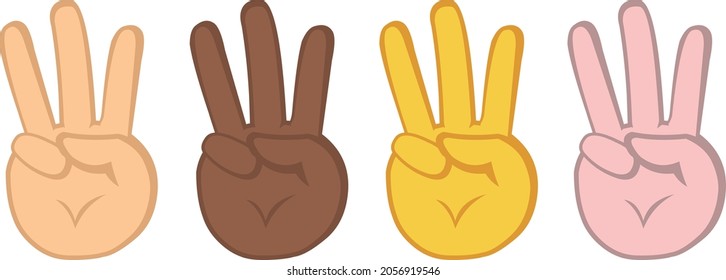 Vector illustration of emoticons of hands of different colors, counting or doing the number three with their fingers