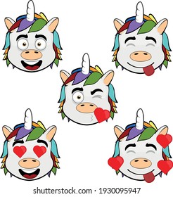 Vector illustration of emoticons of the head of a unicorn with happy expressions and emotions of love