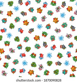 Vector illustration emoticons icon pattern on white. Emoji emoticons Happy New Year icon. Emotion merry Christmas funny gift, star, toy, tree, snowflake. Xmas sticker. Flat cartoon seamless pattern
