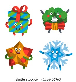 Vector illustration emoticons icons set on theme of winter holiday. Emoji emoticons Happy New Year icon. Emotion merry Christmas funny gift, star, toy, tree, snowflake. Xmas sticker icon. Flat cartoon