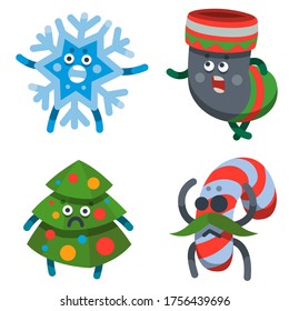Vector illustration emoticons icons set on theme of winter holiday. Emoji emoticons Happy New Year icon. Emotion merry Christmas funny gift, star, toy, tree, snowflake. Xmas sticker icon. Flat cartoon