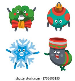 Iconos de emoticonos de ilustraciones vectoriales establecidos en el tema de vacaciones de invierno. Icono de Emoji emoticones Happy New Year. Emoción alegre regalo divertido de Navidad, estrella, juguete, árbol, copo de nieve. Icono de pegatina de Navidad. Dibujo plano