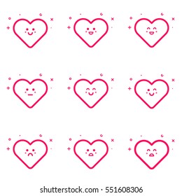 Vector illustration of emoticons pink icon set in flat line style. Linear Smile, wink, sad, laugh, teases, shy, surprised hearts. Graphic design concept of Valentines Day icons on white background.