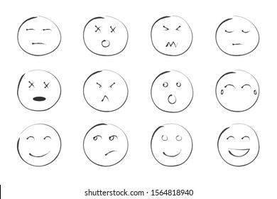 Vector illustration emoticons sketch. Set of hand drawn round smile signs on the white background. Face with different expression of emotion. Doddle emojis, ink brush icons