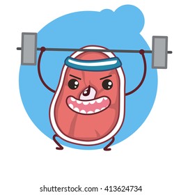 Vector illustration with emotion cartoon meat. Strong meat force! Eat meat - be strong! Fitness meat.