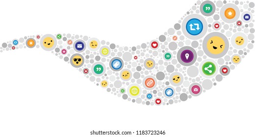 vector illustration of emotion faces and social media icons in stream curved wave shape design
