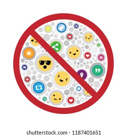 vector illustration of emotion faces and social media icons in circle shape design with restriction sign