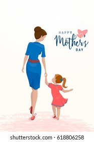 Vector illustration of emotion people character. Mother holds her daughter by the hand with love isolated on light background in flat style. Holiday greeting text happy mother day