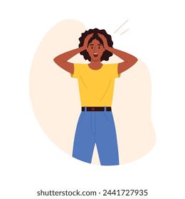 Vector illustration of an emotional girl clutching her head with hands. Cartoon scene of a curly dark-skinned girl clutching her head with hands in stress isolated on a white background.