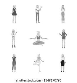Vector illustration of emotions and female logo. Set of emotions and body stock symbol for web.