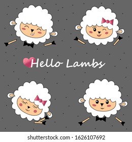 Vector illustration of emotions of lambs. Cute, funny, hand-drawn characters for children. Sleeping, joyful, funny, playful, winking sheeps / lambs.