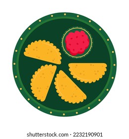 Vector illustration of empanadas dish on isolated background. Plate with sauce and food. Traditional mexican dish on white background.