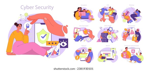 Vector illustration emphasizing cyber security: from encryption and VPNs to ransomware and DDoS attacks. Vividly portrays digital challenges and protective measures for tech enthusiasts