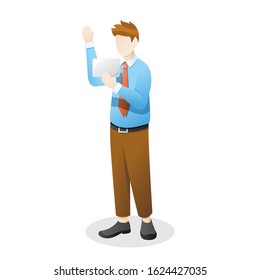 Vector illustration Employee or a businessman waving hand and holding something goods. young man shows an item, Employee offer item for sale. Vector cartoon illustration