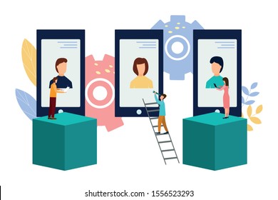 Vector illustration, employee choice, resume study, business company recruiting workers, flat color icons