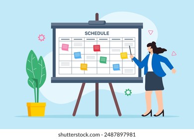 Vector illustration of employee organizing event planning schedule with sticky notes on whiteboard task allocation