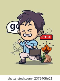 vector illustration of employee running to the office carrying a bag. surrounding plants. profession icon concept