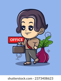 vector illustration of employee walking while carrying a briefcase. ornamental plants around it. profession icon concept