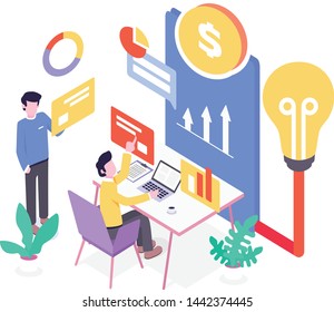 Vector Illustration Employee working at Financial Idea to get more profit and drink a cup of coffee isometric flat design style