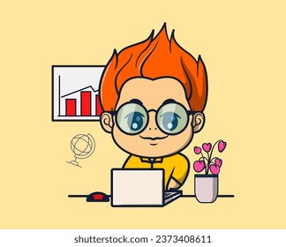 vector illustration of employee working in the office with a laptop. ornamental plants around it. profession icon concept