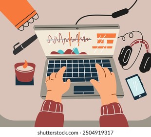 Vector illustration with an employee working remotely. A person interacts with a laptop using a phone and headphones, which emphasizes a focused work environment.