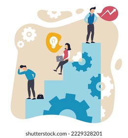 Vector illustration. Employees, businessmen in working process. Concept of business, career development, partnership, problem solving, innovative business approach, brainstorming