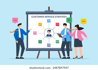 Vector illustration of employees coordinating customer service strategy with sticky notes on whiteboard