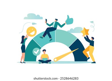 Vector illustration of employees, engagement or motivation to succeed in the company, dedication or job satisfaction, productivity or recognition of employees, business people reward employees with st