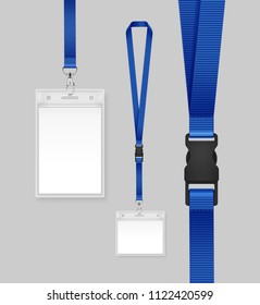 Vector illustration of employees identification card on blue lanyards, cord and strap with metal clips. Realistic set plastic badges samples for presentation or conference visitors, press, media