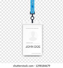 Vector illustration of employees identification card on lanyard, cord and strap. Realistic plastic badge sampls for presentation or conference visitors, press, media 