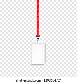 Vector illustration of employees identification card on lanyard, cord and strap. Realistic plastic badge sampls for presentation or conference visitors, press, media 