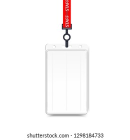Vector illustration of employees identification card on lanyard, cord and strap. Realistic plastic badge sampls for presentation or conference visitors, press, media 