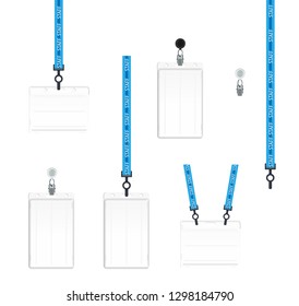 Vector illustration of employees identification card on lanyards, cord and strap with metal clips. Realistic set plastic badges samples for presentation or conference visitors, press, media 