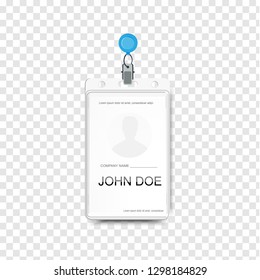 Vector illustration of employees identification card with metal clip. Realistic plastic badge sample for presentation or conference visitors, press, media 