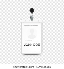 Vector illustration of employees identification card with metal clip. Realistic plastic badge sample for presentation or conference visitors, press, media 