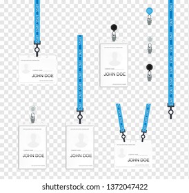 Vector illustration of employees identification card on blue lanyards, cord and strap with metal clips. Realistic set plastic badges samples for presentation or conference visitors, press, media 