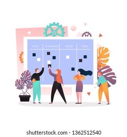 Vector illustration of employees moving cards on whiteboard from start to finish business project, process. Agile kanban methodology, teamwork, software development concept for web banner, webpage.