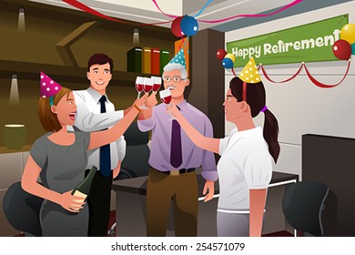 A Vector Illustration Of Employees In The Office Celebrating A Happy Retirement Party Of A Coworker