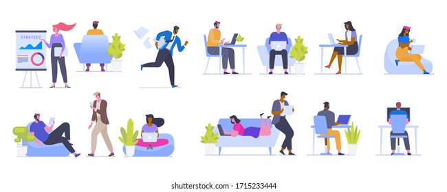 Vector illustration employees and office workflow scenes set. Man and woman personnel, manager, coworkers or freelancer working on laptop or computer, colleague and teamwork isolated character bundle