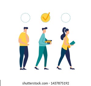 Vector illustration of employees with a plan in the form of a check mark above their head, Successful completion of business tasks