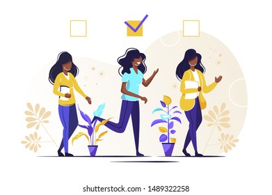 Vector illustration of employees with a plan in the form of a check mark above their head, Successful completion of business tasks