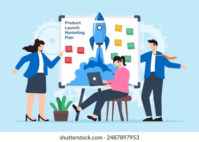 Vector illustration of employees setting up product launch marketing plan with sticky notes on whiteboard market debut