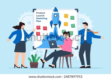 Vector illustration of employees setting up product launch marketing plan with sticky notes on whiteboard market debut