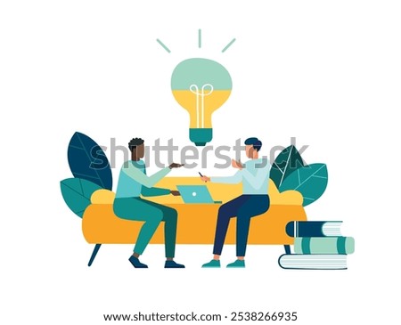 Vector illustration, employees sitting at the negotiating table, vector collective thinking and brainstorming, company information analytics