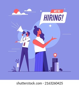 Vector illustration of employer shout in loud speaker and recruit new employees. We are hiring, job vacancy or headhunting, HR managers announce vacancy concept