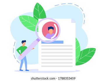 Vector illustration, employers looking at forms, modern concepts of prospective employees, infographics, websites, filling resumes, recruiting employees to fill vacancies.