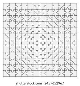 Vector illustration of empty 12x12 shapes jigsaw puzzle grid template on white background. svg
