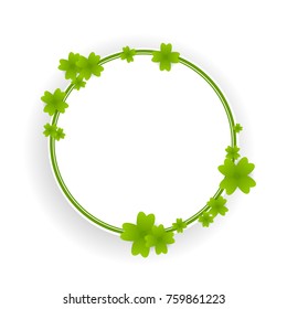 Vector illustration empty background. Green clover Saint Patrick Day isolated white background. Material blank frame border shadow. Plant ireland beer festive invitation greeting banner.