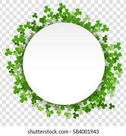 Vector illustration empty background. Material blank frame border shadow. Comic speech phrase. Comic text sound effects. Green clover Saint Patrick Day on transparent background